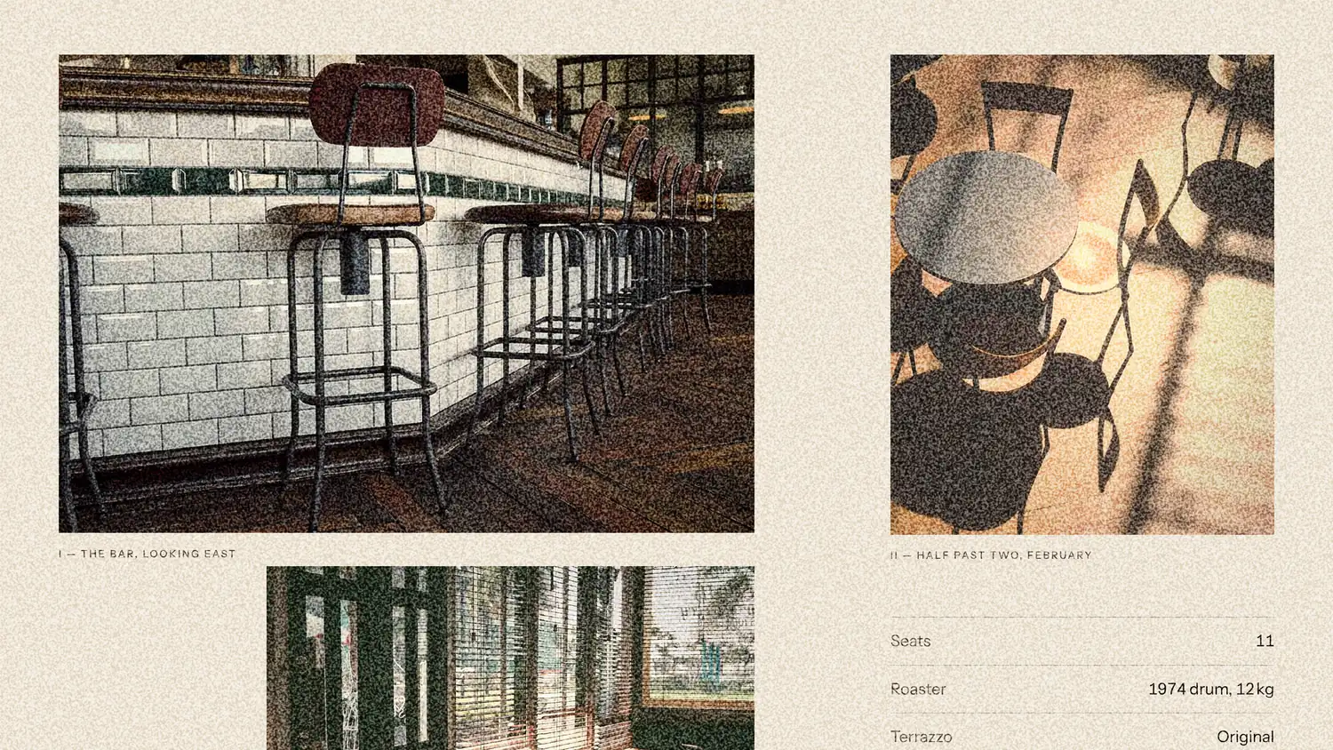 A section of the Pennyweight site: two photographs of the roastery on warm paper stock, one of a tiled counter with a row of steel bar stools, one of a bentwood chair casting long shadows.